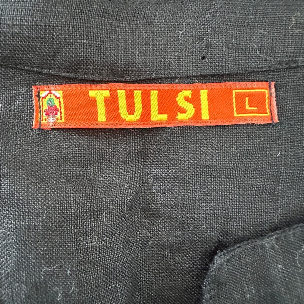 Tulsi Button Up Blouse Womens Large Black 100% Linen 3/4 Sleeve Split Neck Airy - Picture 3 of 8